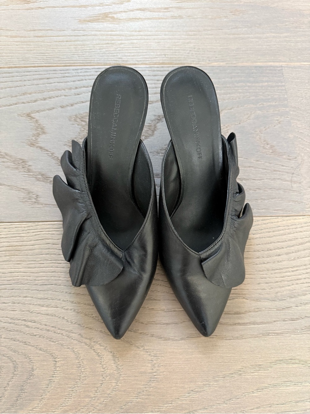 Rebecca Minkoff Black Leather Pointed-Toe Ruffle Mules